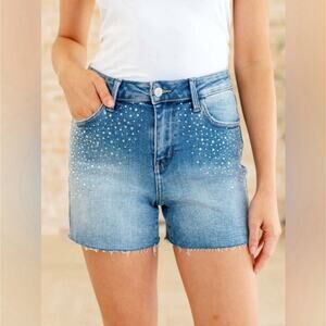 NWT Judy Blue Rhinestone Jean Shorts‎ Large High Rise Festival Cutoff Distressed